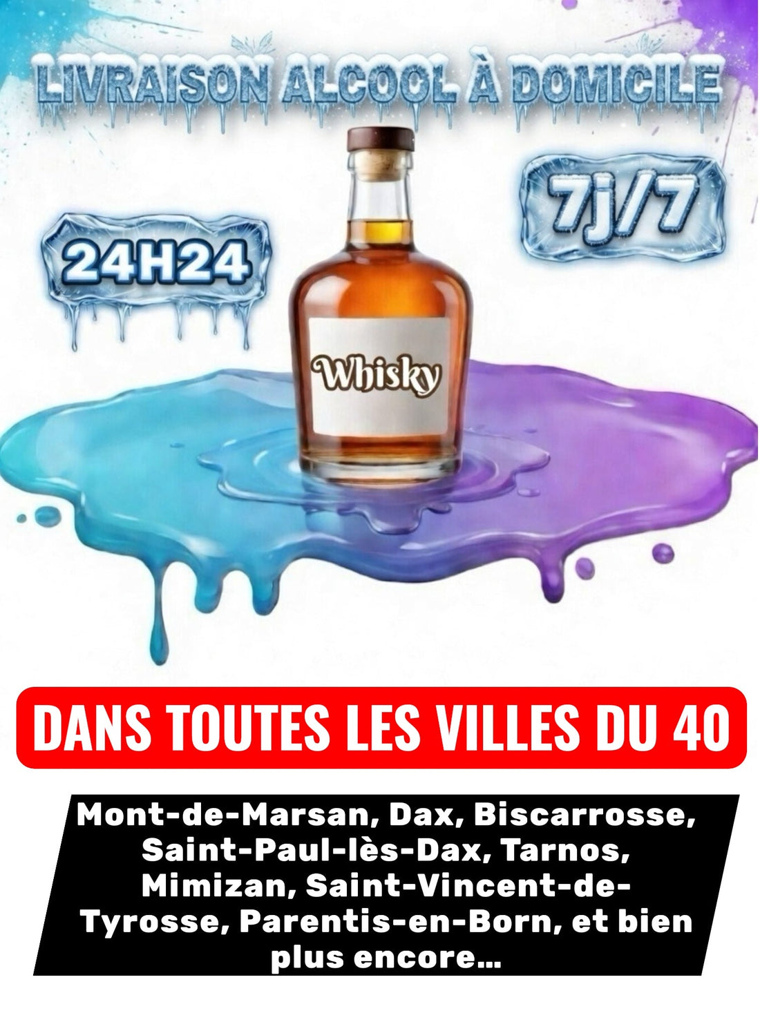 Livraison Alcool à Domicile Landes (40) 24h/24 7j/7 en moins de 30 minutes