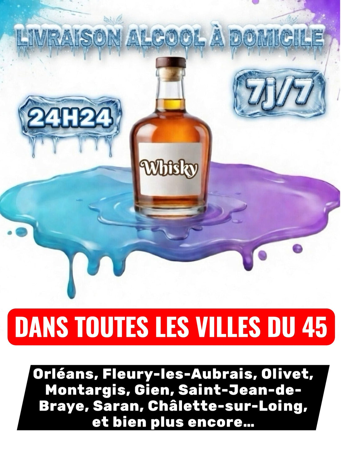 Livraison Alcool à Domicile Loiret (45) 24h/24 7j/7 en moins de 30 minutes