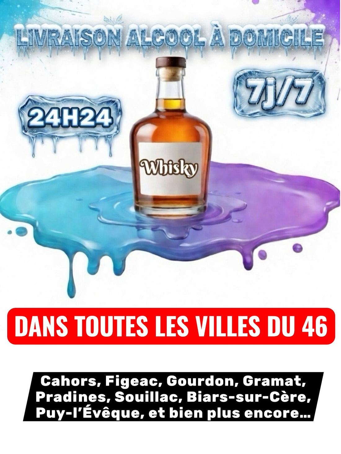 Livraison Alcool à Domicile Lot (46) 24h/24 7j/7 en moins de 30 minutes