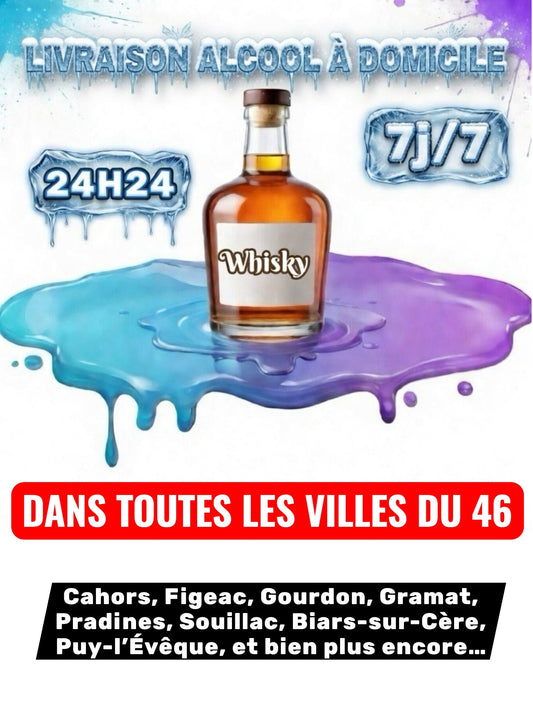 Livraison Alcool à Domicile Lot (46) 24h/24 7j/7 en moins de 30 minutes