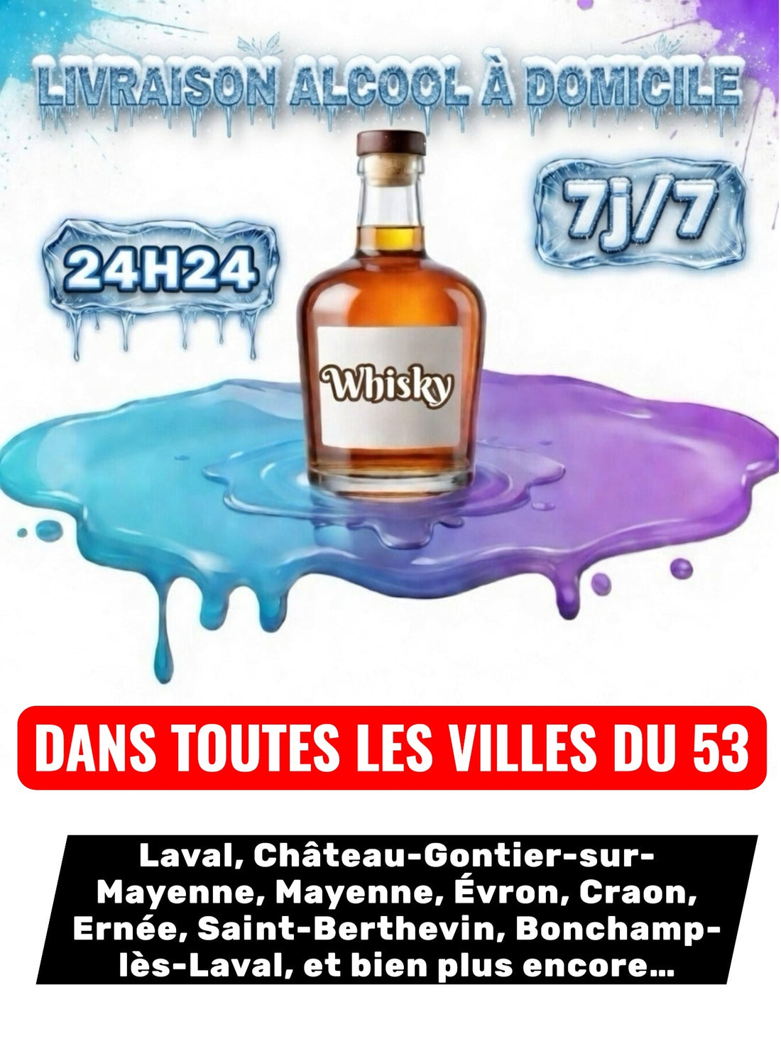 Livraison Alcool à Domicile Mayenne 53 24h/24 7j/7 en moins de 30 minutes