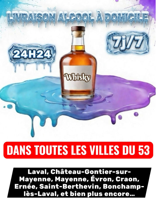 Livraison Alcool à Domicile Mayenne 53 24h/24 7j/7 en moins de 30 minutes