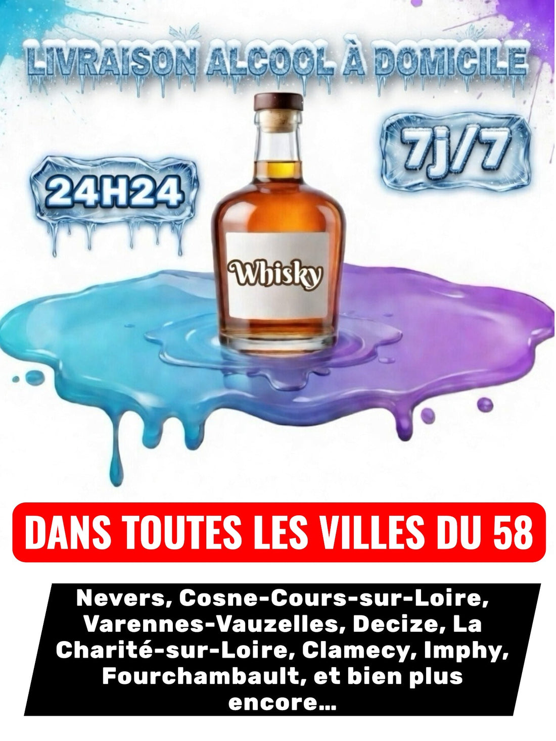 Livraison Alcool à Domicile Nièvre (58) 24h/24 7j/7 en moins de 30 minutes