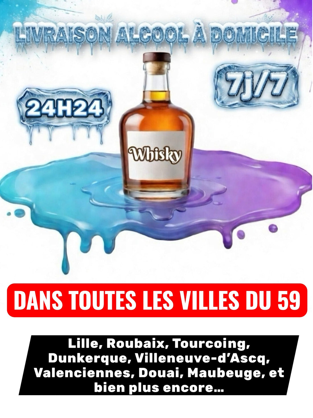 Livraison Alcool à Domicile Nord (59) 24h/24 7j/7 en moins de 30 minutes