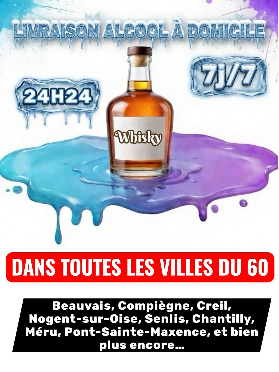 Livraison Alcool à Domicile Oise (60) 24h/24 7j/7 en moins de 30 minutes